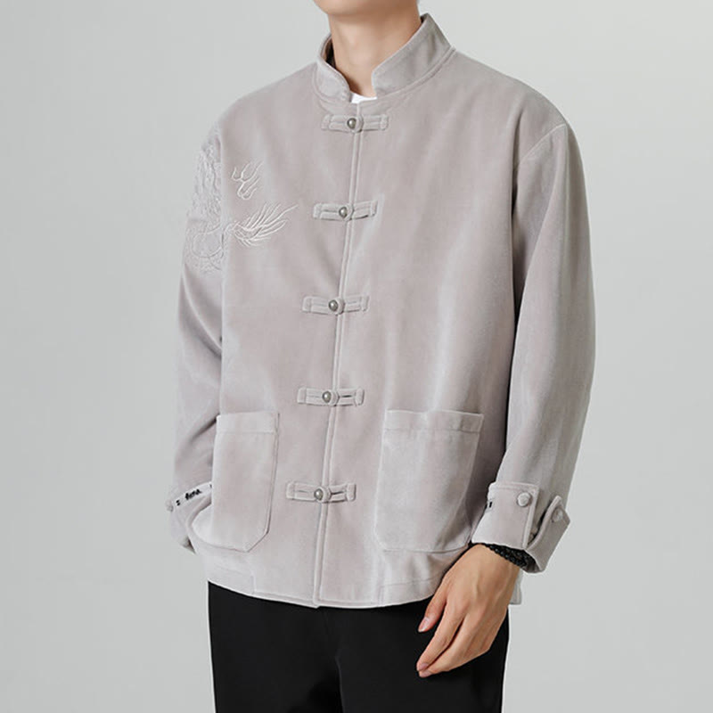 Embroider Dragon Casual Frog-button Cotton Men's Jacket Shirt Clothing