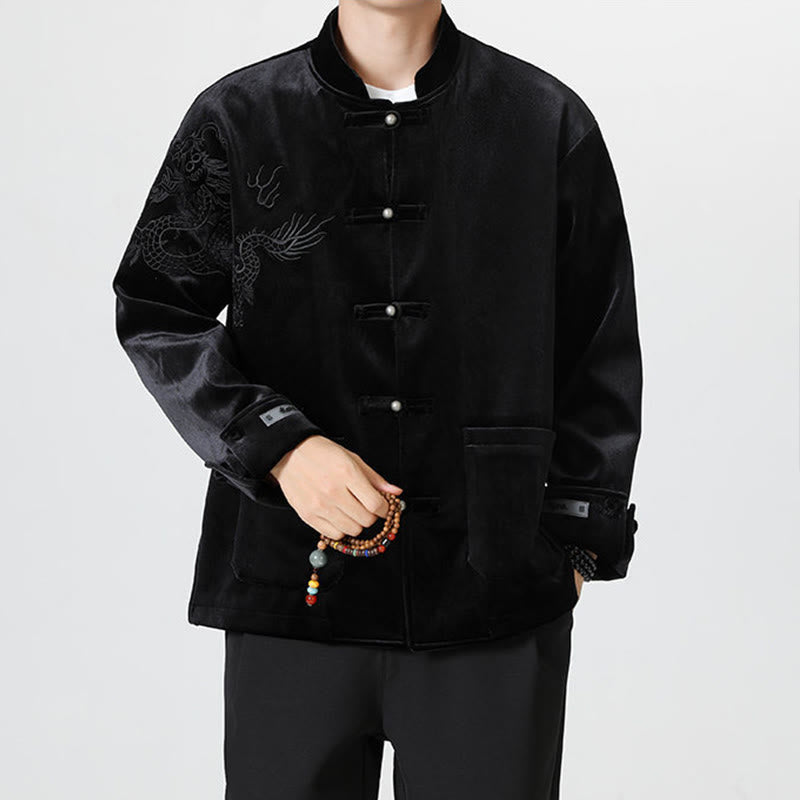 Embroider Dragon Casual Frog-button Cotton Men's Jacket Shirt Clothing