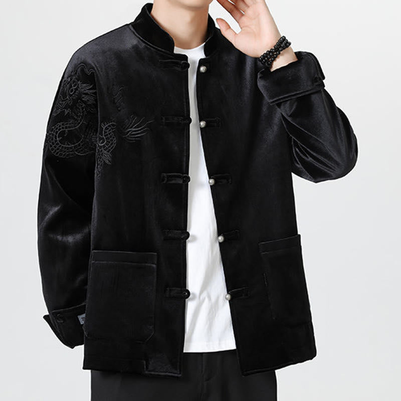 Embroider Dragon Casual Frog-button Cotton Men's Jacket Shirt Clothing