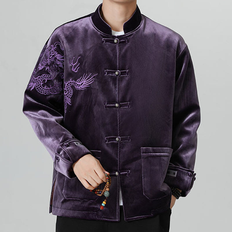 Embroider Dragon Casual Frog-button Cotton Men's Jacket Shirt Clothing