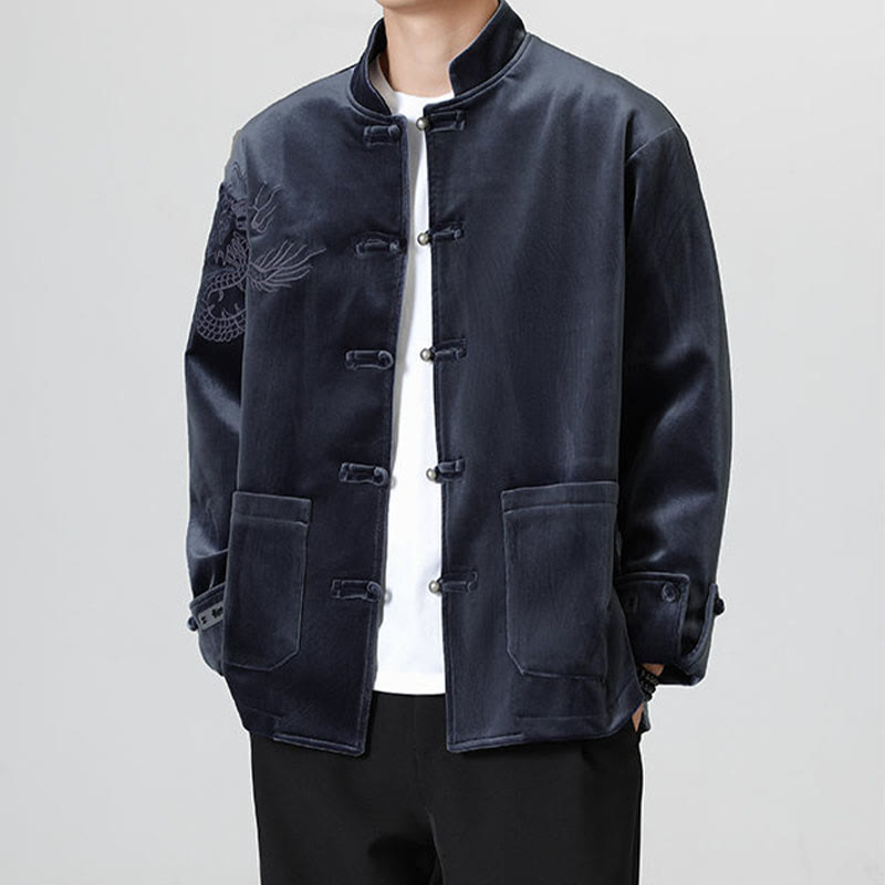 Embroider Dragon Casual Frog-button Cotton Men's Jacket Shirt Clothing