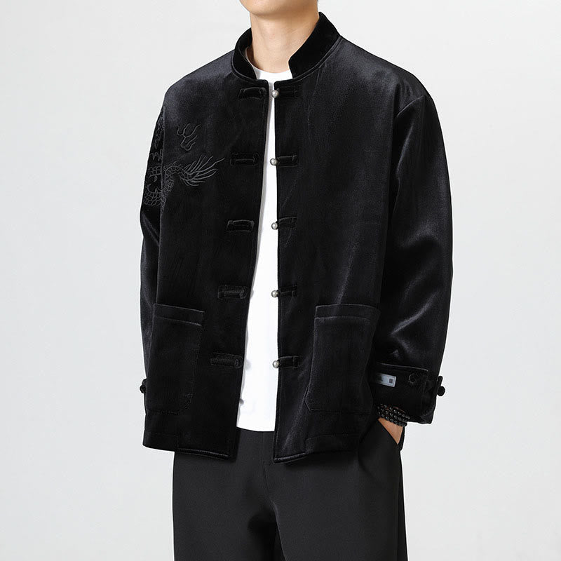 Embroider Dragon Casual Frog-button Cotton Men's Jacket Shirt Clothing