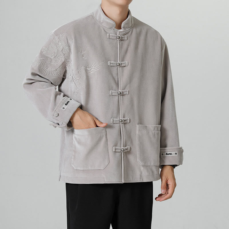 Embroider Dragon Casual Frog-button Cotton Men's Jacket Shirt Clothing