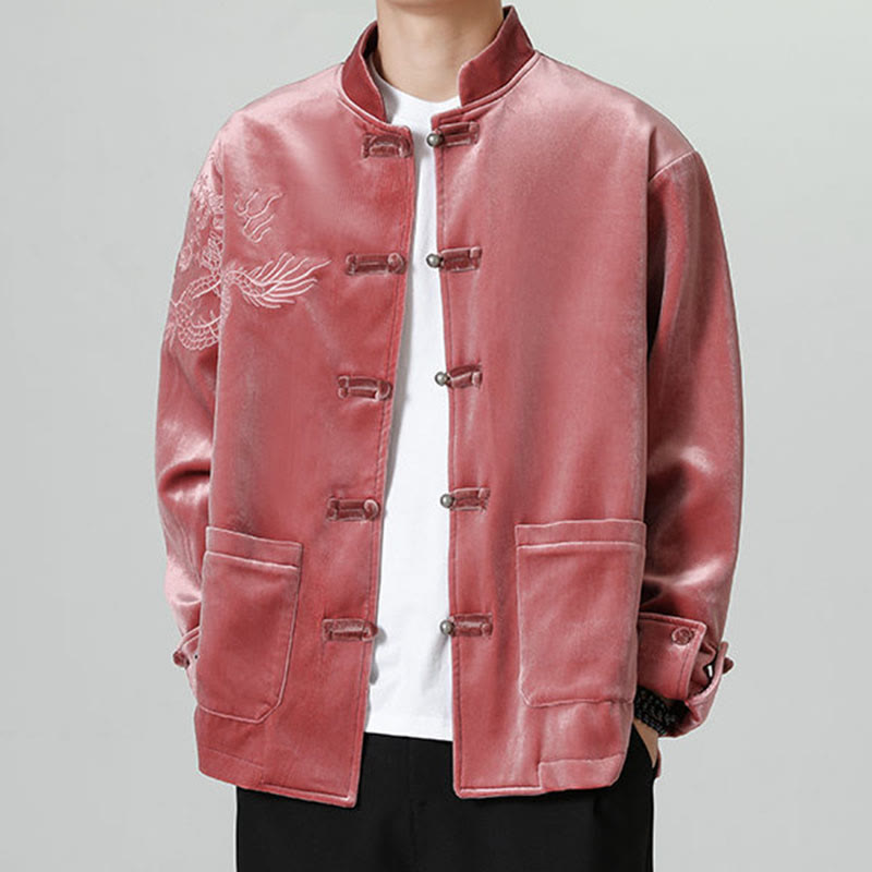 Embroider Dragon Casual Frog-button Cotton Men's Jacket Shirt Clothing