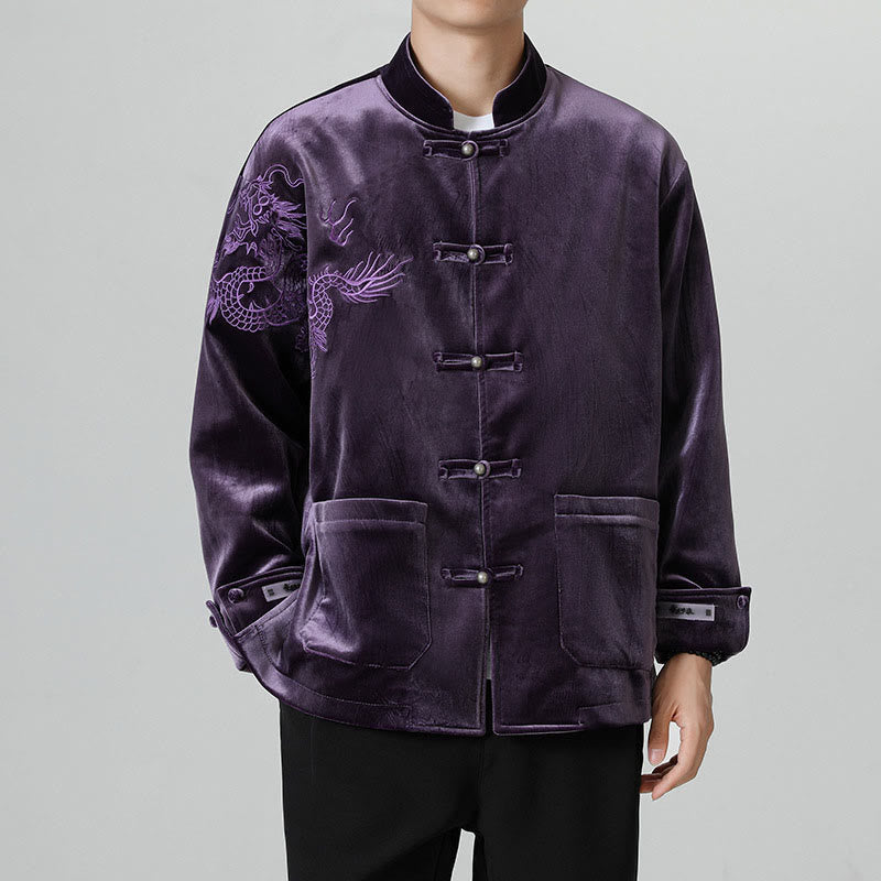 Embroider Dragon Casual Frog-button Cotton Men's Jacket Shirt Clothing