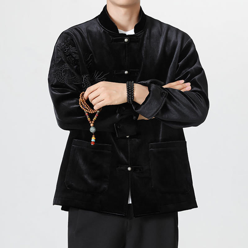 Embroider Dragon Casual Frog-button Cotton Men's Jacket Shirt Clothing