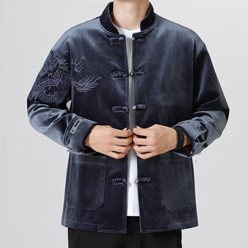 Embroider Dragon Casual Frog-button Cotton Men's Jacket Shirt Clothing
