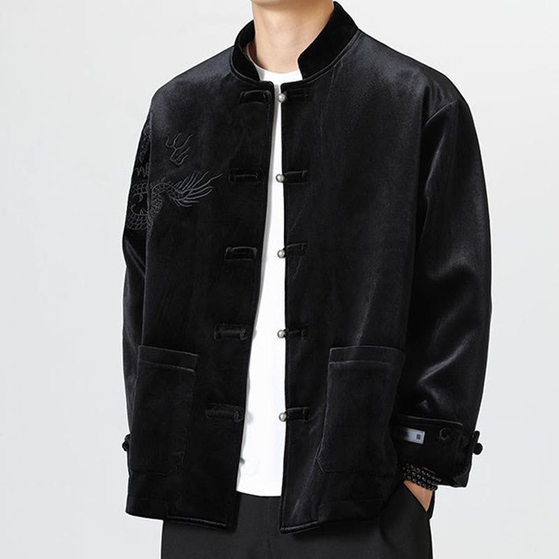 Embroider Dragon Casual Frog-button Cotton Men's Jacket Shirt Clothing