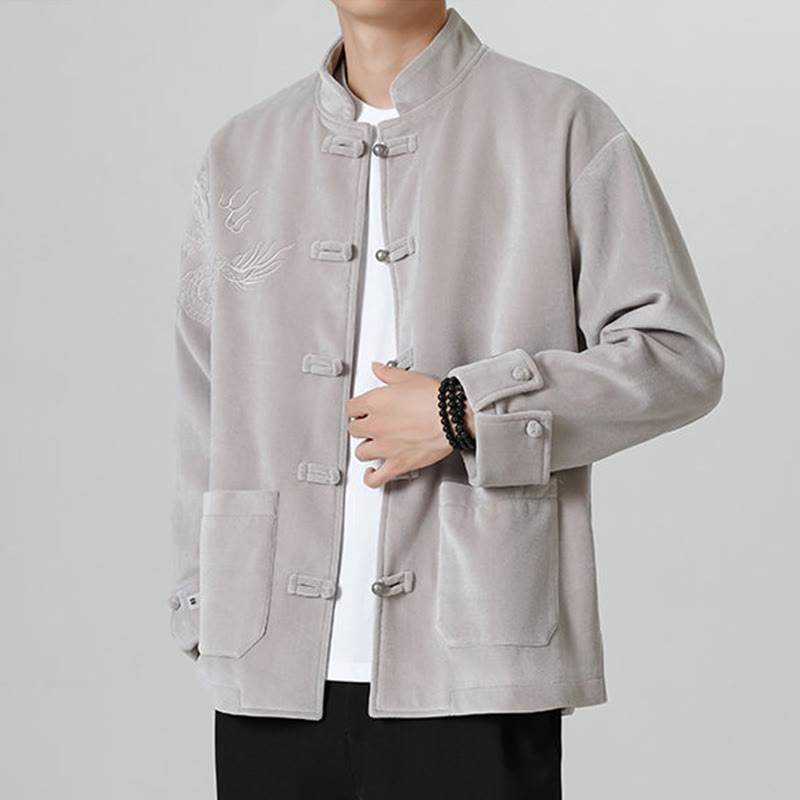 Embroider Dragon Casual Frog-button Cotton Men's Jacket Shirt Clothing