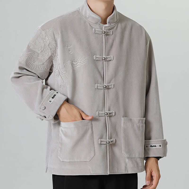 Embroider Dragon Casual Frog-button Cotton Men's Jacket Shirt Clothing