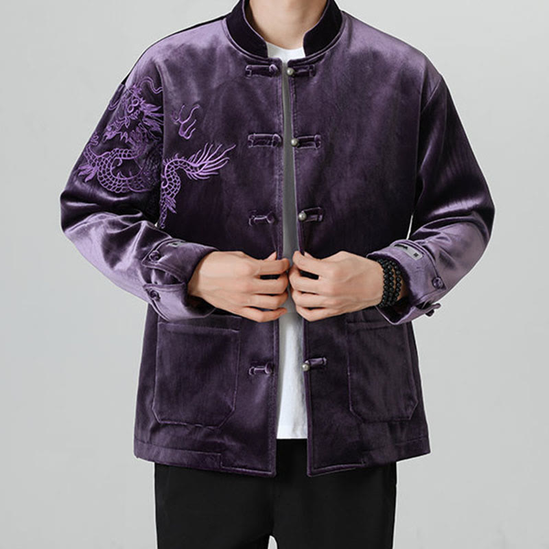 Embroider Dragon Casual Frog-button Cotton Men's Jacket Shirt Clothing
