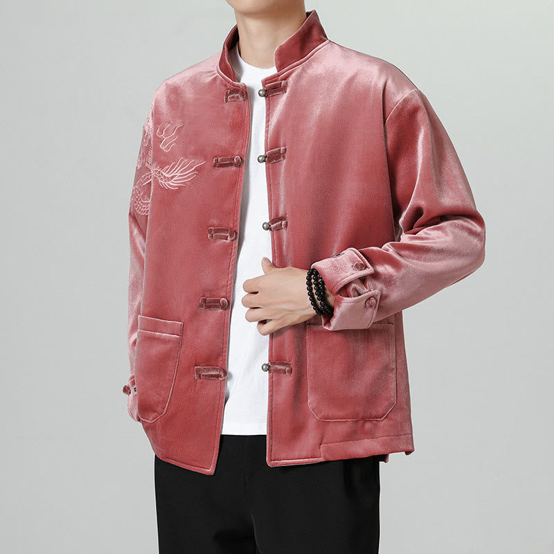 Embroider Dragon Casual Frog-button Cotton Men's Jacket Shirt Clothing