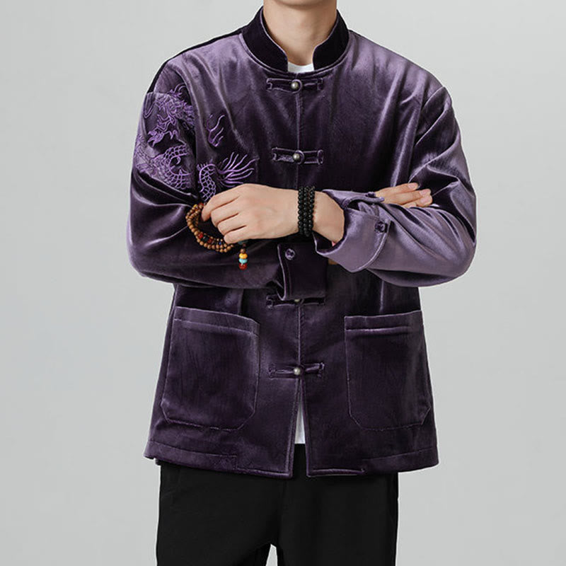Embroider Dragon Casual Frog-button Cotton Men's Jacket Shirt Clothing