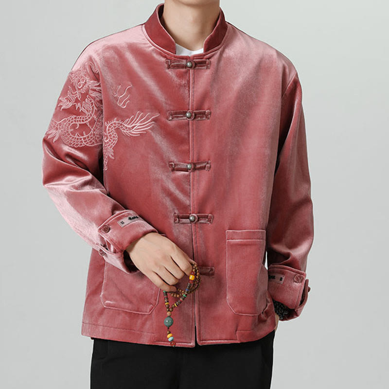 Embroider Dragon Casual Frog-button Cotton Men's Jacket Shirt Clothing