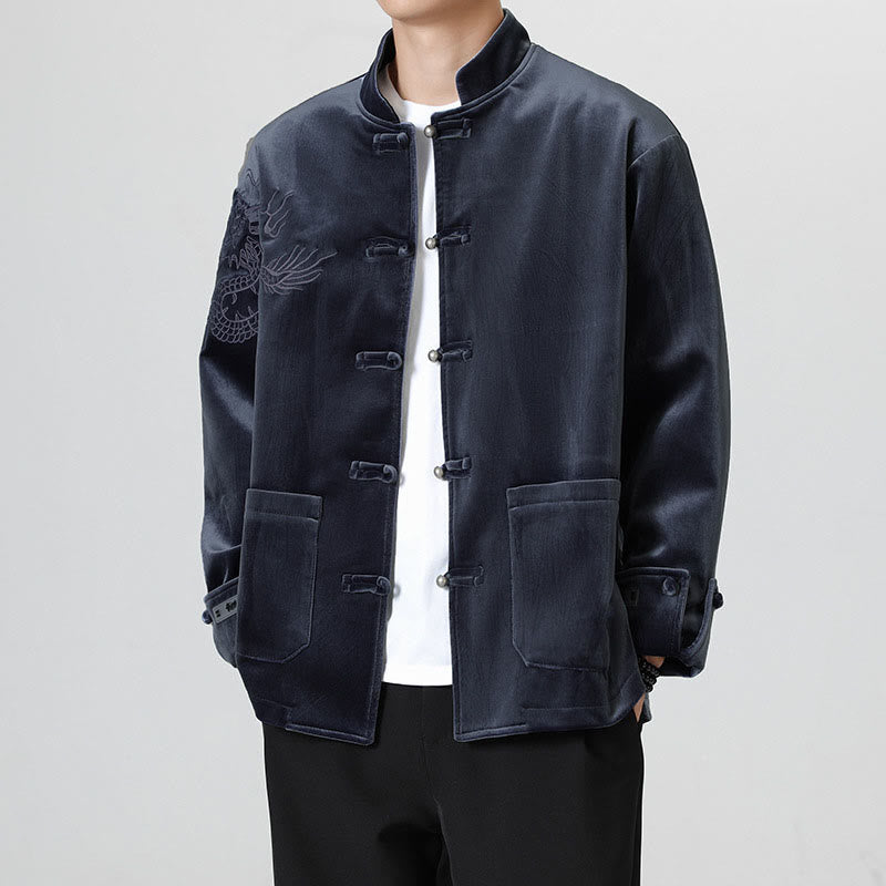 Embroider Dragon Casual Frog-button Cotton Men's Jacket Shirt Clothing