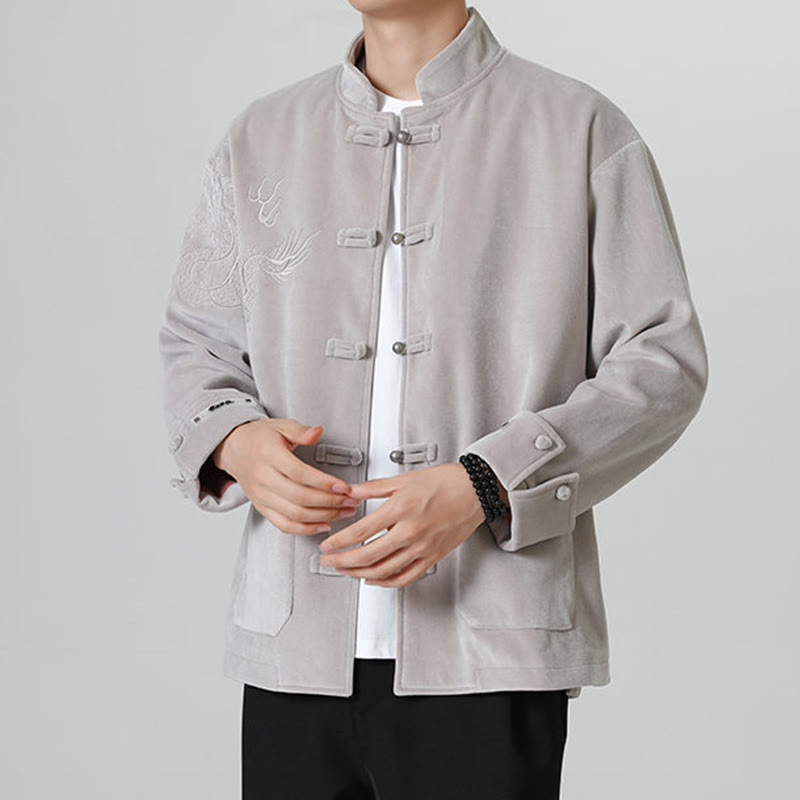 Embroider Dragon Casual Frog-button Cotton Men's Jacket Shirt Clothing