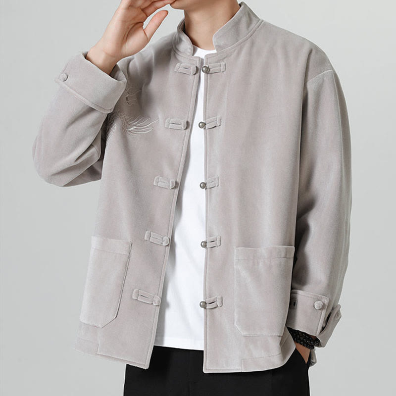 Embroider Dragon Casual Frog-button Cotton Men's Jacket Shirt Clothing