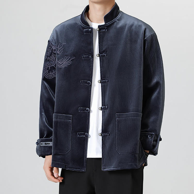 Embroider Dragon Casual Frog-button Cotton Men's Jacket Shirt Clothing