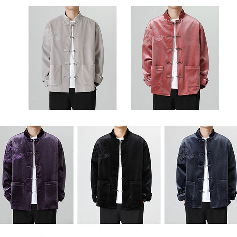 Embroider Dragon Casual Frog-button Cotton Men's Jacket Shirt Clothing