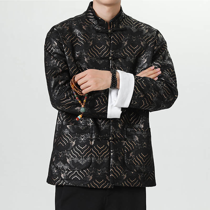 Frog-Button Chinese Tang Suit Wave Shape Long Shirt Men Jacket Clothing