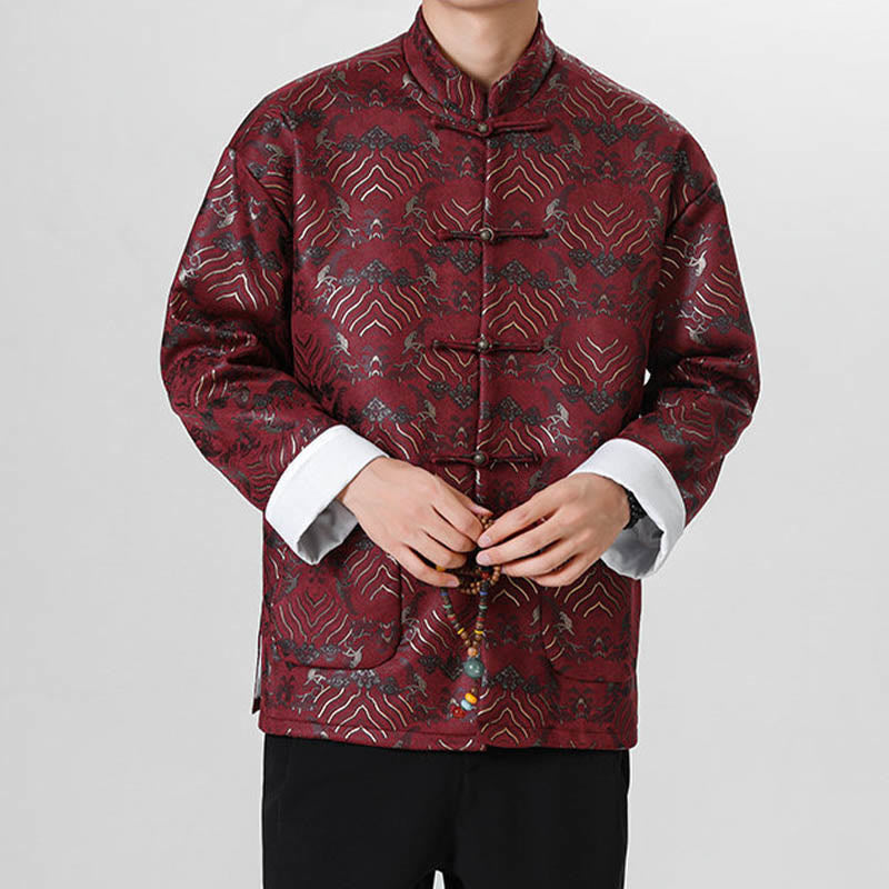 Frog-Button Chinese Tang Suit Wave Shape Long Shirt Men Jacket Clothing