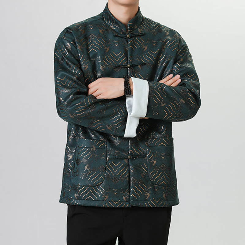 Frog-Button Chinese Tang Suit Wave Shape Long Shirt Men Jacket Clothing