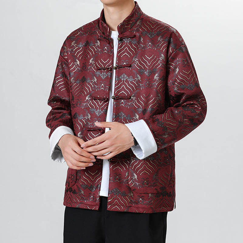 Frog-Button Chinese Tang Suit Wave Shape Long Shirt Men Jacket Clothing