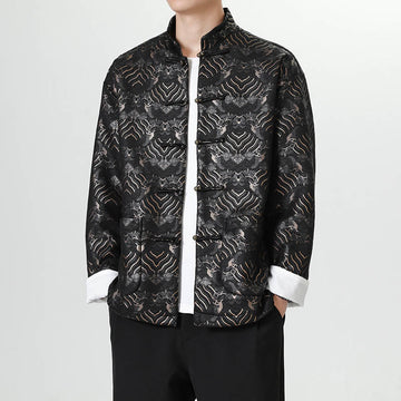 Frog-Button Chinese Tang Suit Wave Shape Long Shirt Men Jacket Clothing