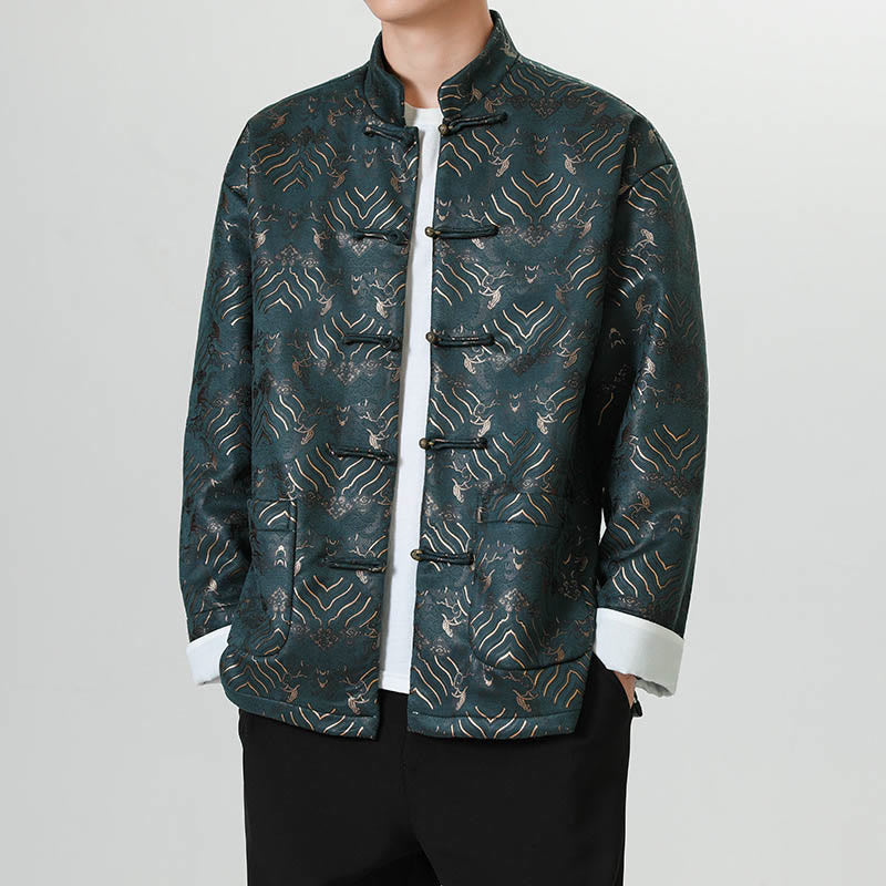 Frog-Button Chinese Tang Suit Wave Shape Long Shirt Men Jacket Clothing