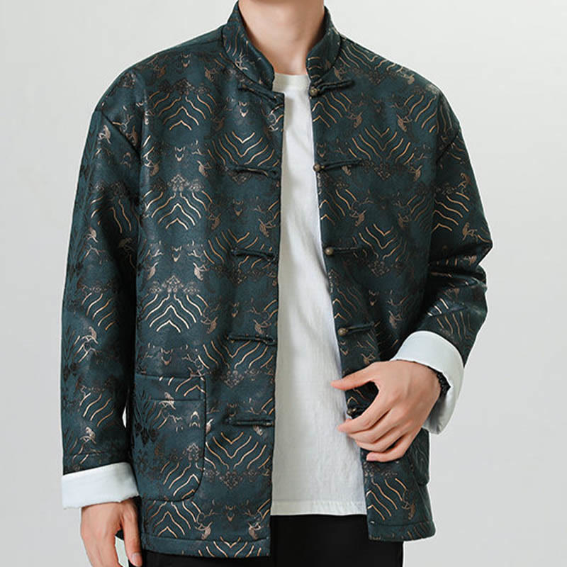 Frog-Button Chinese Tang Suit Wave Shape Long Shirt Men Jacket Clothing