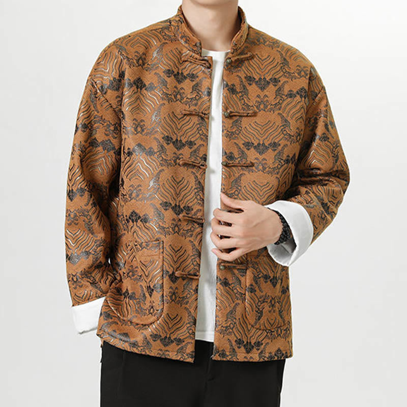 Frog-Button Chinese Tang Suit Wave Shape Long Shirt Men Jacket Clothing