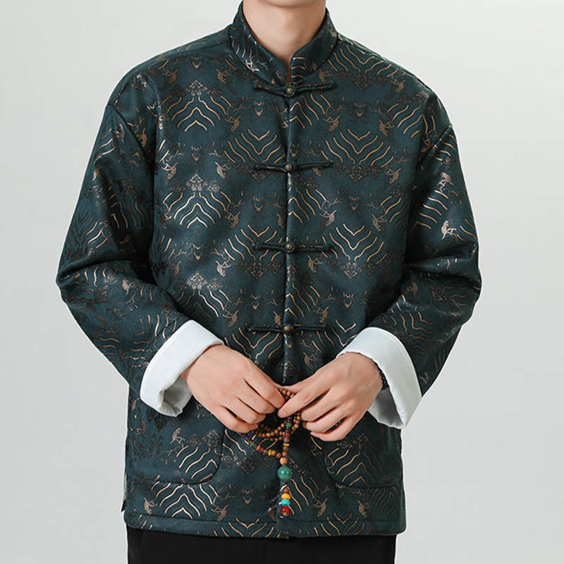 Frog-Button Chinese Tang Suit Wave Shape Long Shirt Men Jacket Clothing