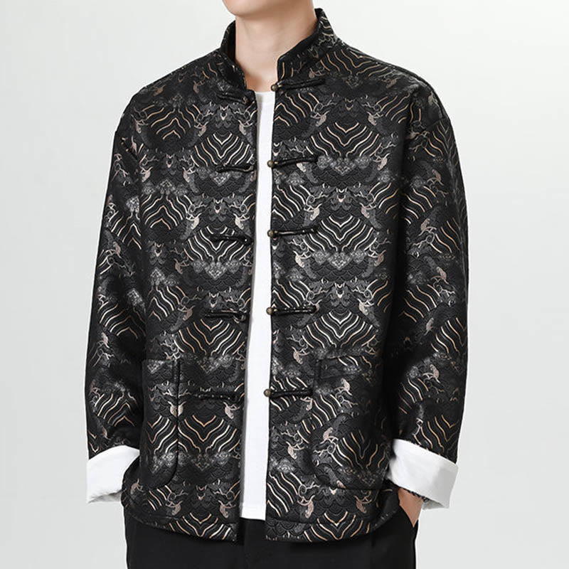 Frog-Button Chinese Tang Suit Wave Shape Long Shirt Men Jacket Clothing