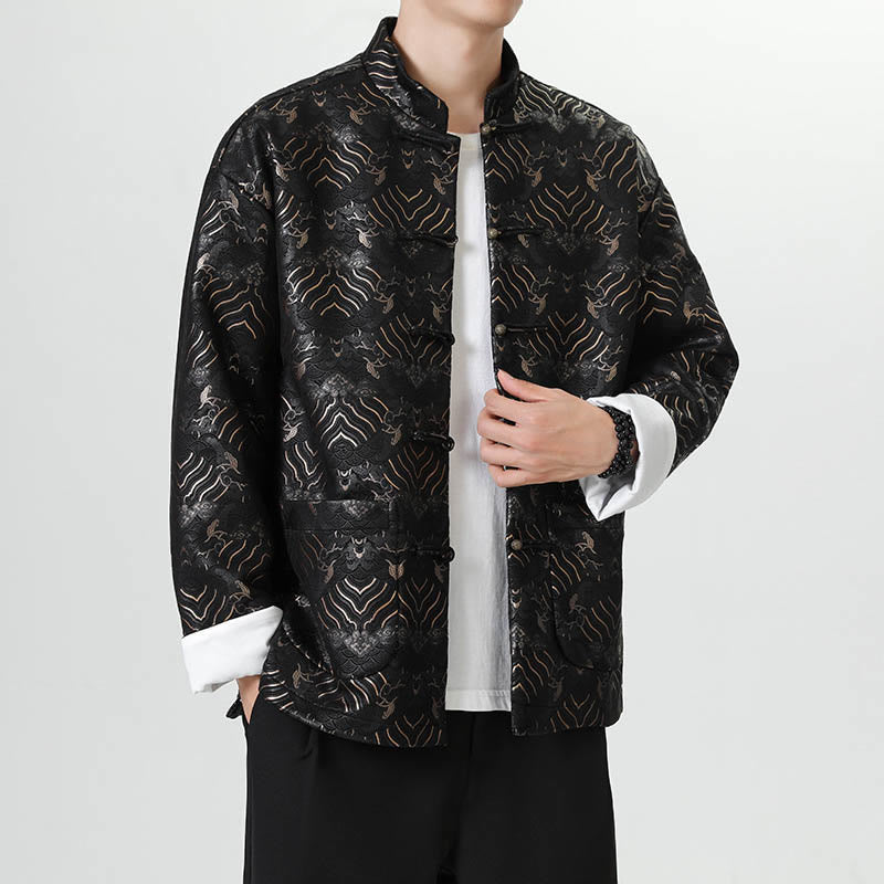 Frog-Button Chinese Tang Suit Wave Shape Long Shirt Men Jacket Clothing