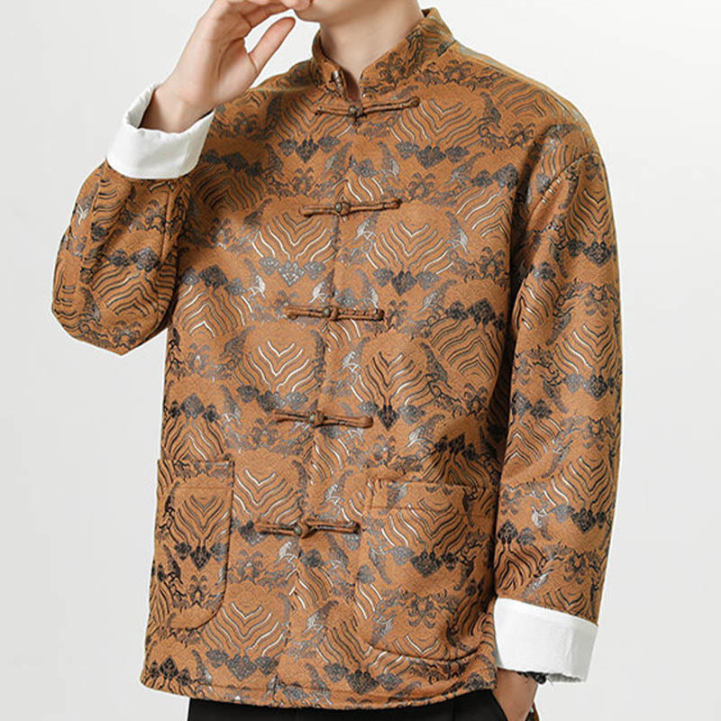Frog-Button Chinese Tang Suit Wave Shape Long Shirt Men Jacket Clothing