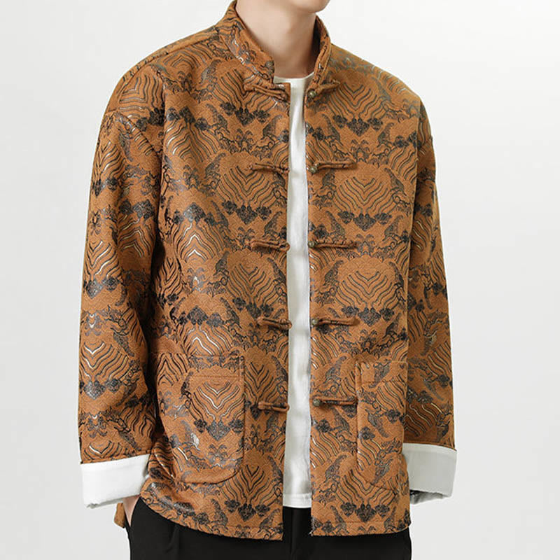 Frog-Button Chinese Tang Suit Wave Shape Long Shirt Men Jacket Clothing