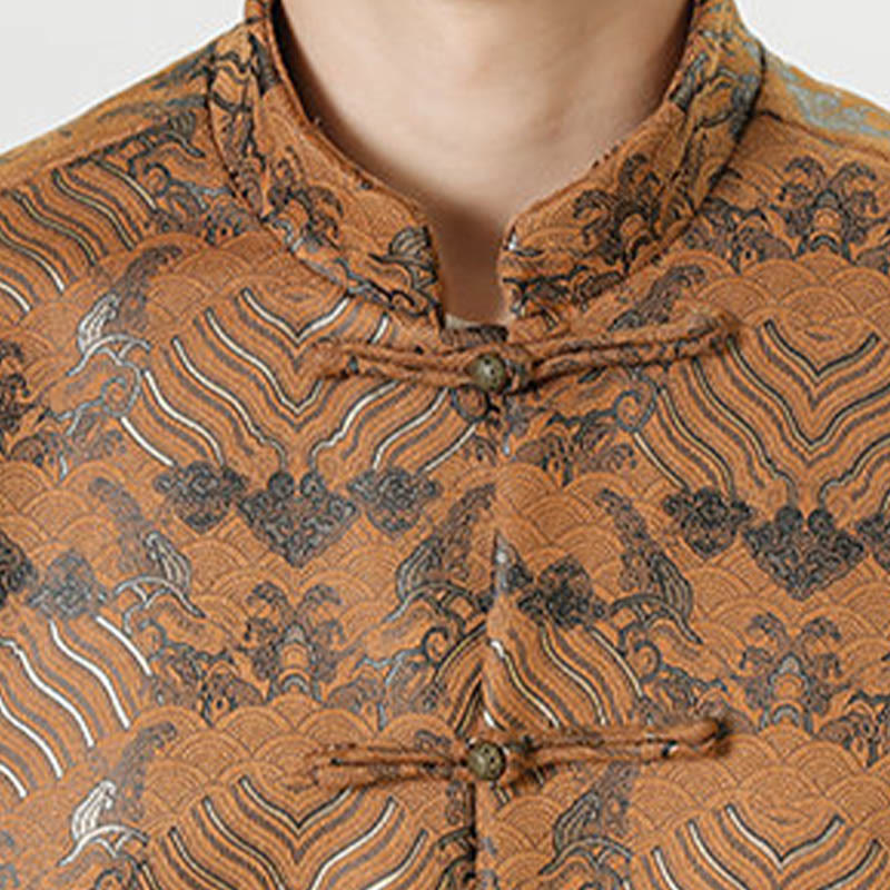 Tactile Cotton Wave Pattern Frog-Button Meditation Jacket Shirt