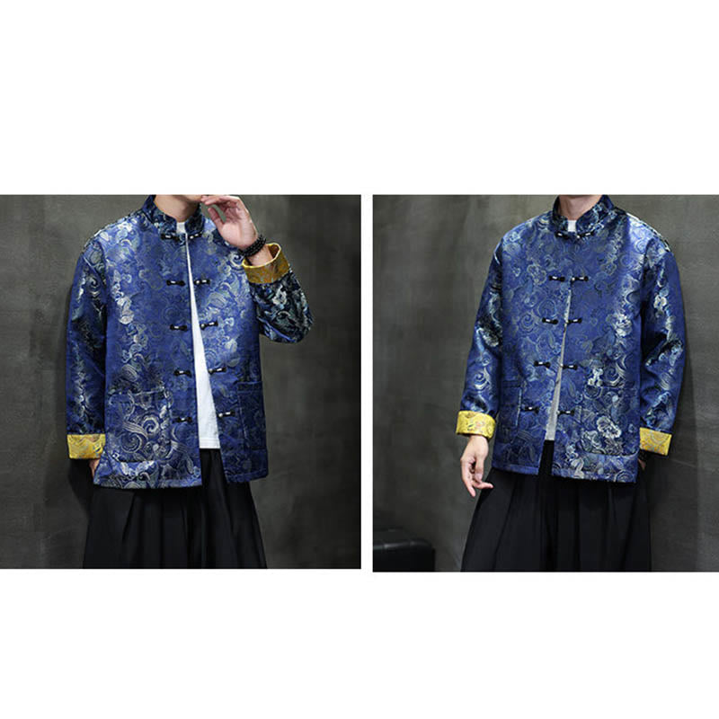 Frog-Button Chinese Tang Suit Stand Collar Long Shirt Men Jacket Clothing