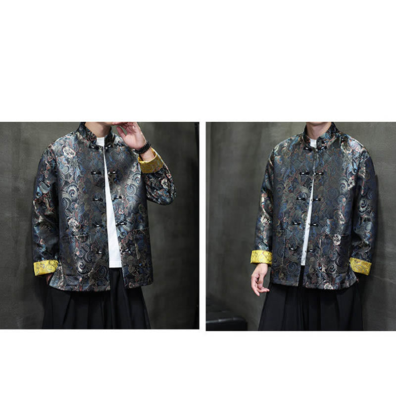 Frog-Button Chinese Tang Suit Stand Collar Long Shirt Men Jacket Clothing