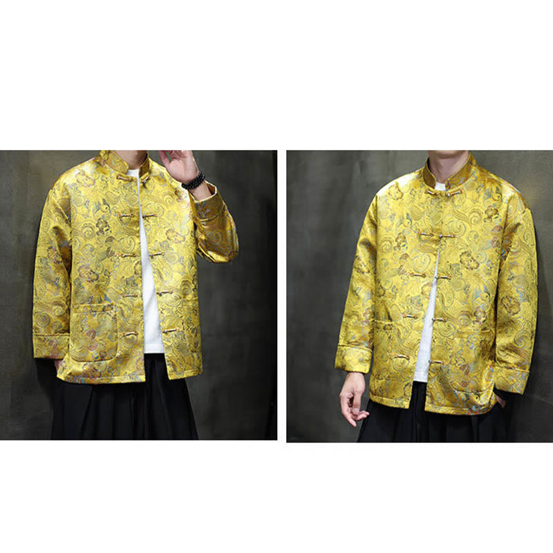 Frog-Button Chinese Tang Suit Stand Collar Long Shirt Men Jacket Clothing