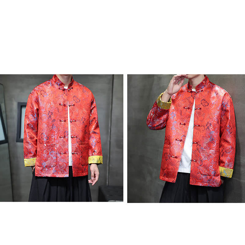 Frog-Button Chinese Tang Suit Stand Collar Long Shirt Men Jacket Clothing