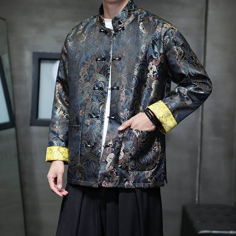 Frog-Button Chinese Tang Suit Stand Collar Long Shirt Men Jacket Clothing