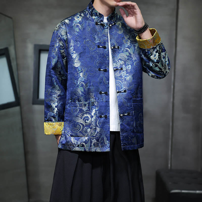 Frog-Button Chinese Tang Suit Stand Collar Long Shirt Men Jacket Clothing