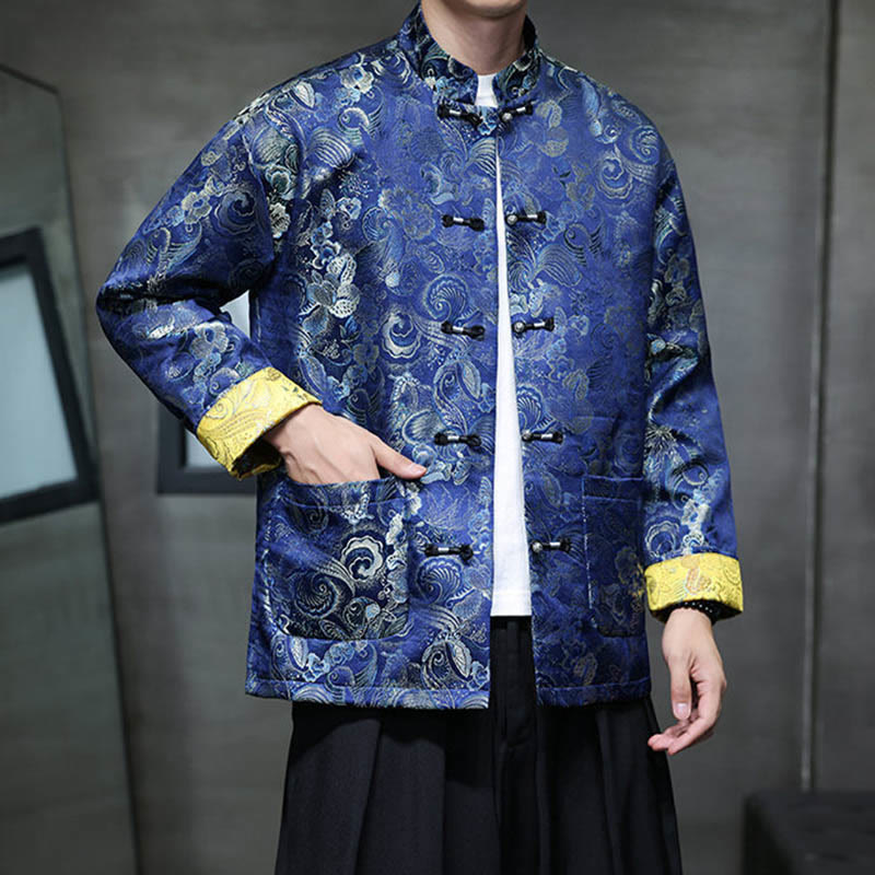 Frog-Button Chinese Tang Suit Stand Collar Long Shirt Men Jacket Clothing