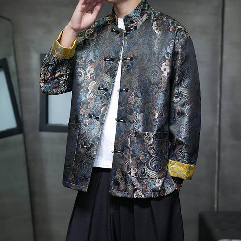 Frog-Button Chinese Tang Suit Stand Collar Long Shirt Men Jacket Clothing