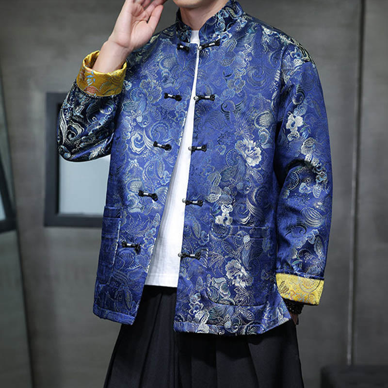 Frog-Button Chinese Tang Suit Stand Collar Long Shirt Men Jacket Clothing