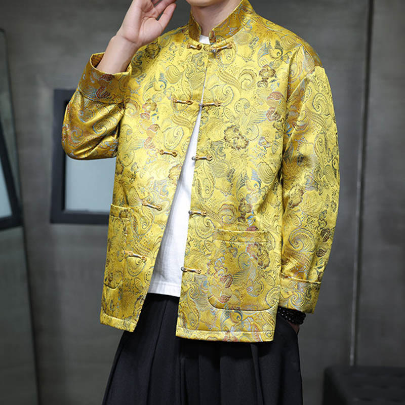 Frog-Button Chinese Tang Suit Stand Collar Long Shirt Men Jacket Clothing