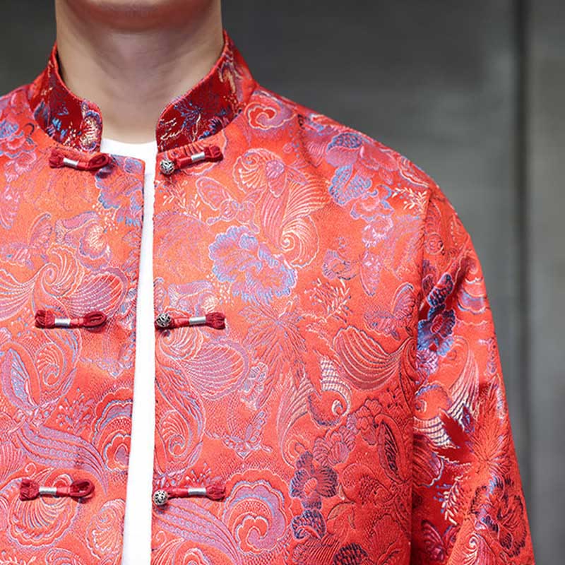 Frog-Button Chinese Tang Suit Stand Collar Long Shirt Men Jacket Clothing