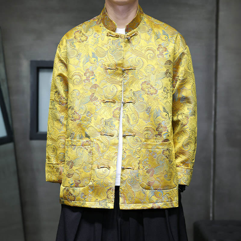 Frog-Button Chinese Tang Suit Stand Collar Long Shirt Men Jacket Clothing