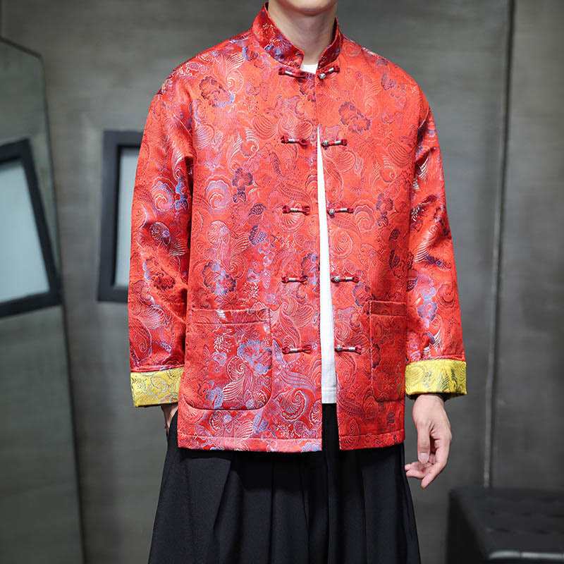 Frog-Button Chinese Tang Suit Stand Collar Long Shirt Men Jacket Clothing
